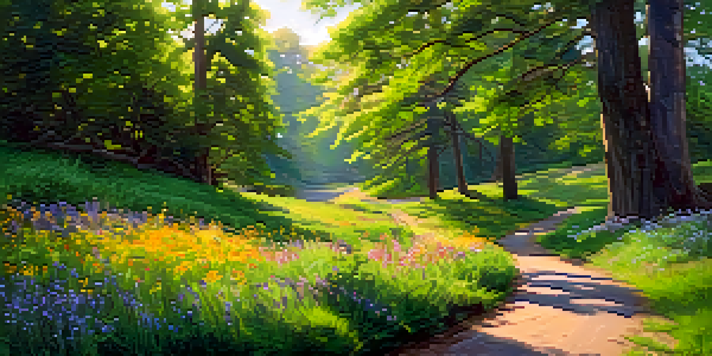 A peaceful hiking trail in Edgewood Park, filled with greenery and blooming wildflowers under a sunny sky.