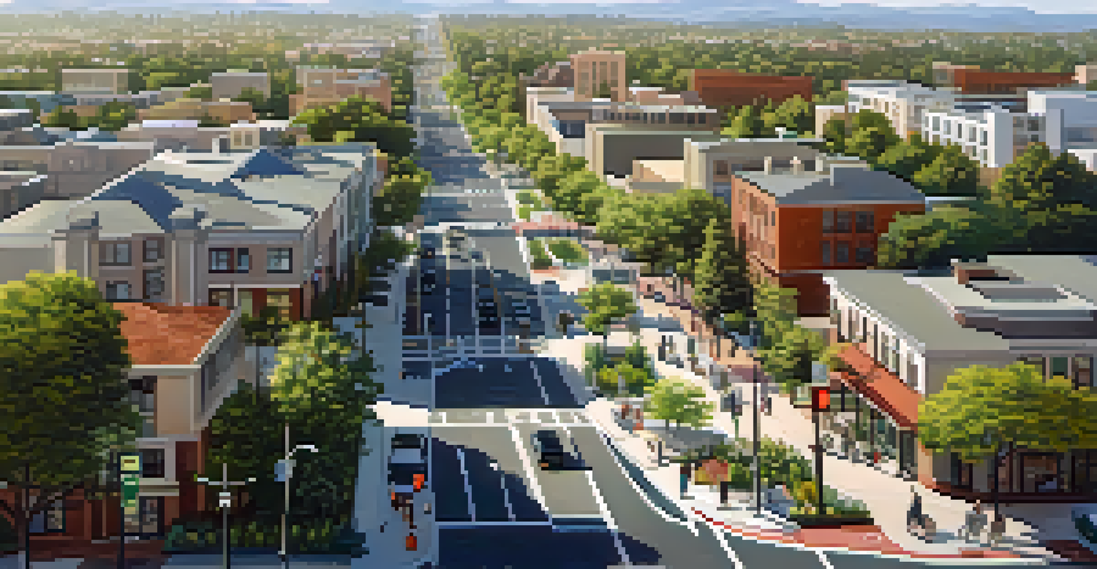 Aerial view of Redwood City highlighting bike lanes, pedestrian pathways, and public transit stops amidst greenery and urban spaces.