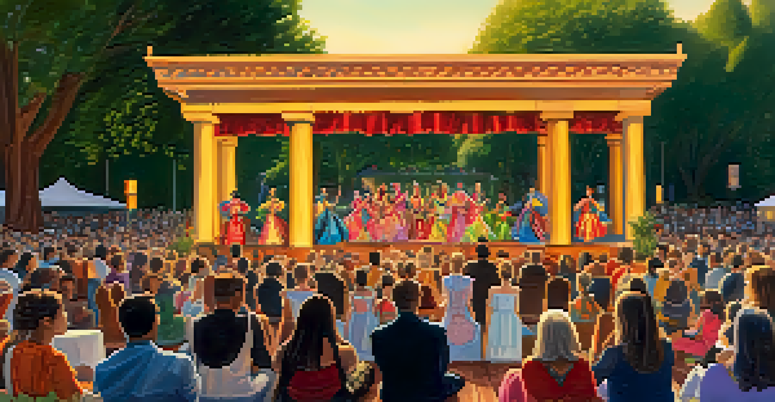 A colorful outdoor cultural performance event in Redwood City, with performers in vibrant costumes and an engaged audience.