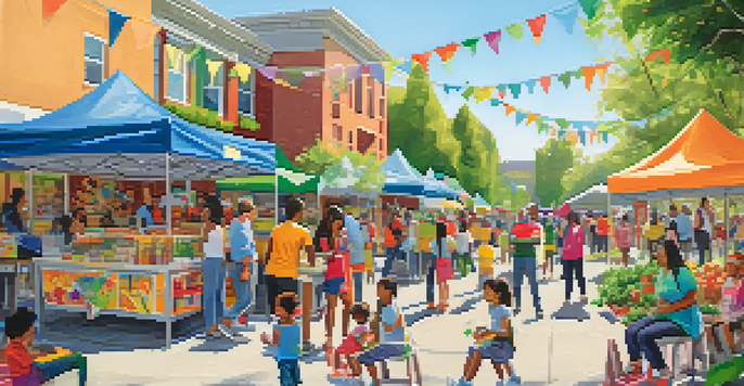 A lively community health fair with families engaged in activities, colorful stalls, and children playing games under bright sunshine.