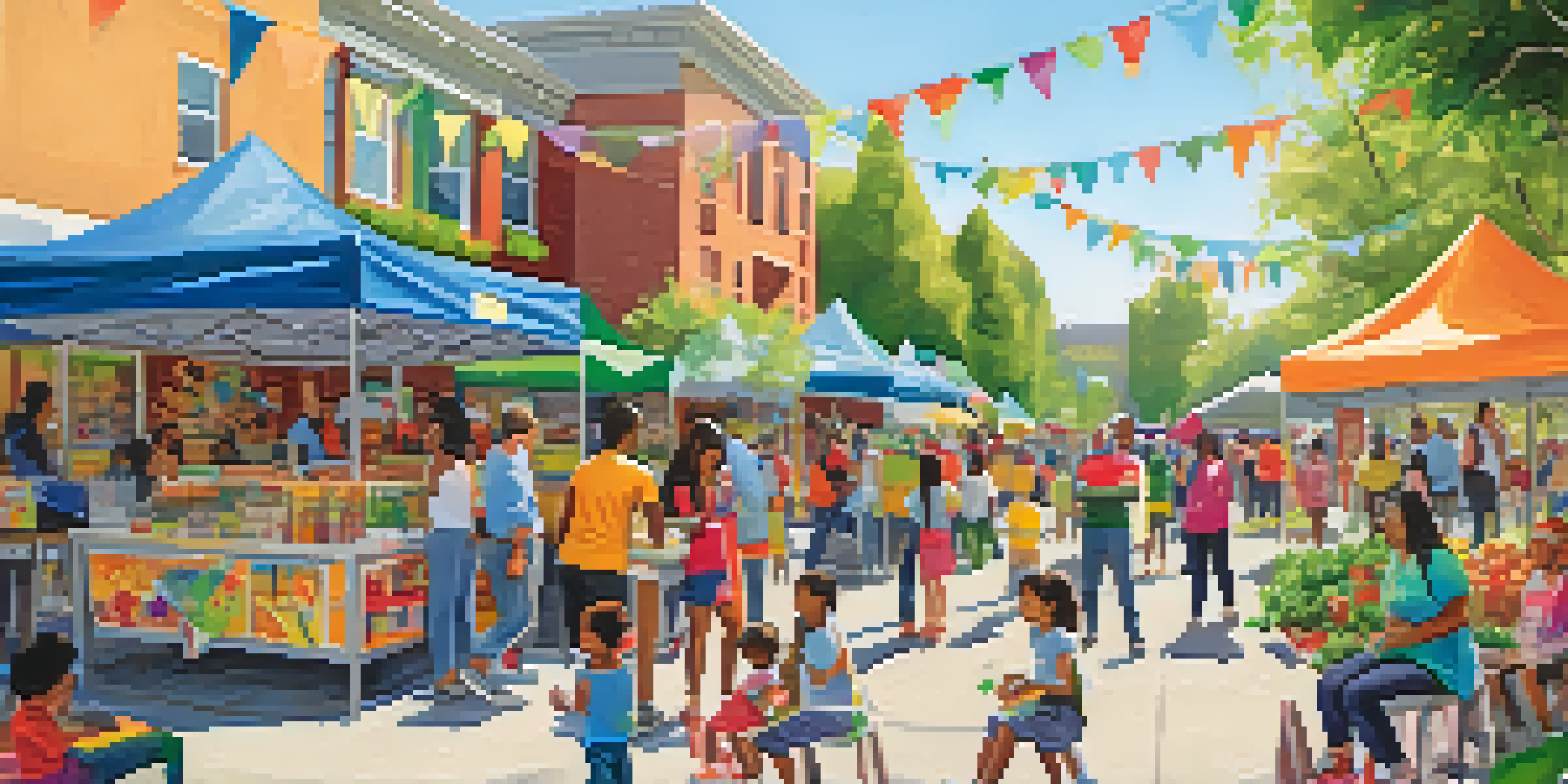 A lively community health fair with families engaged in activities, colorful stalls, and children playing games under bright sunshine.