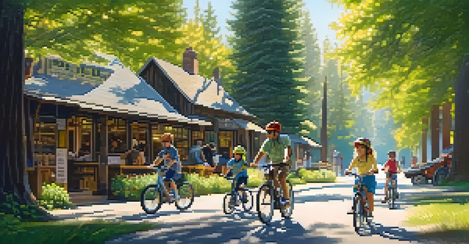 A family cycling on a flat trail surrounded by trees and local shops in Redwood City.