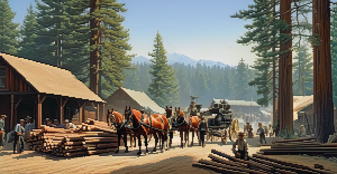 A historical scene depicting Redwood City's lumberyard in the late 1800s with workers and horse-drawn wagons.