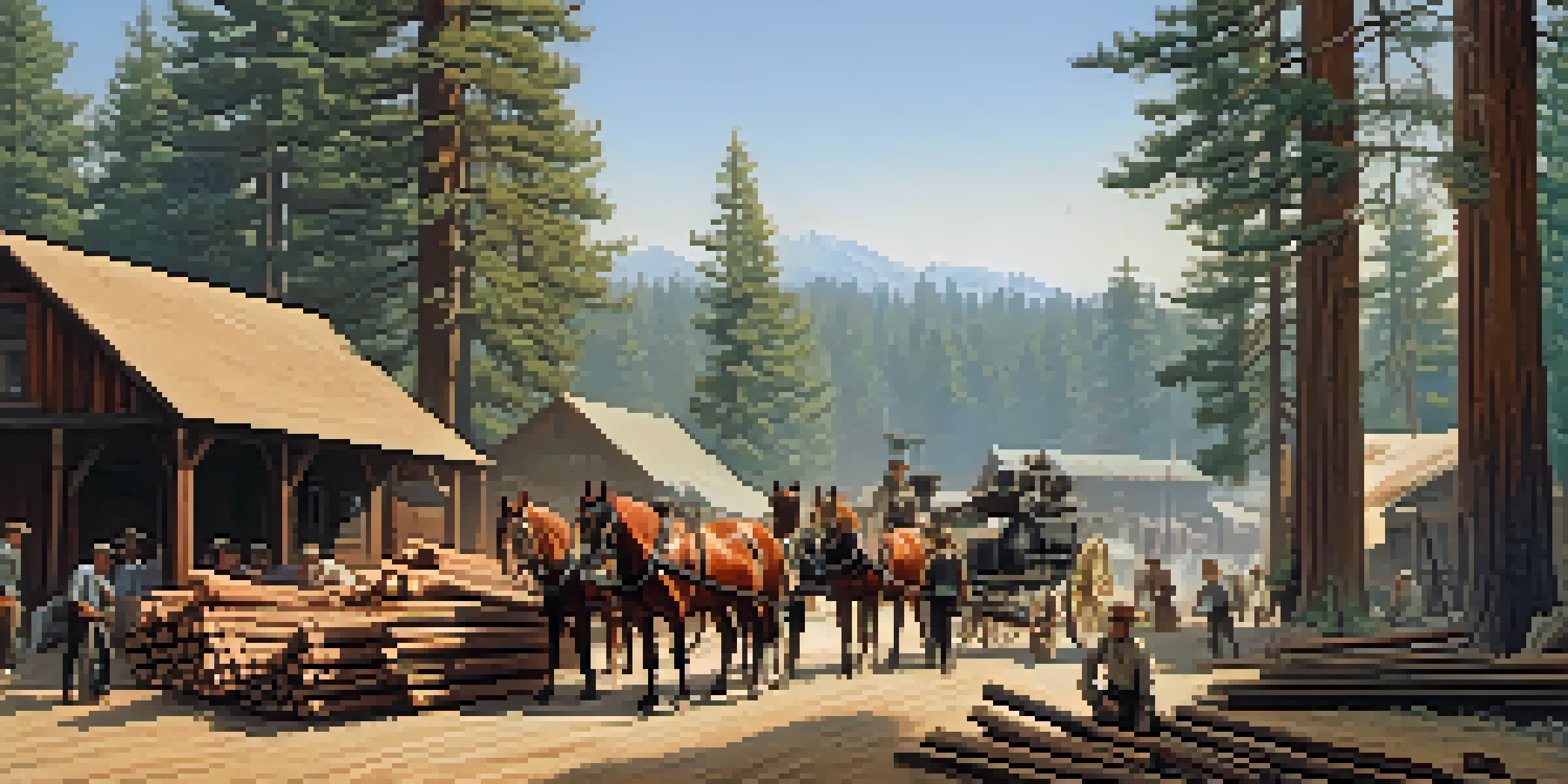 A historical scene depicting Redwood City's lumberyard in the late 1800s with workers and horse-drawn wagons.