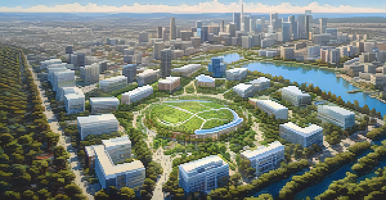 Aerial view of modern Redwood City, showcasing parks and tech buildings under a clear blue sky.