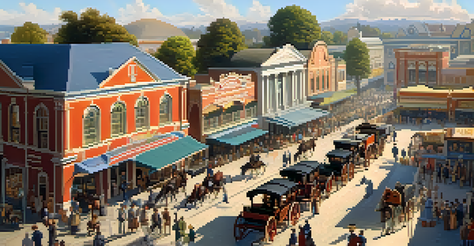 A lively historical scene of Redwood City in the 19th century with a busy railroad station, merchants, and settlers.