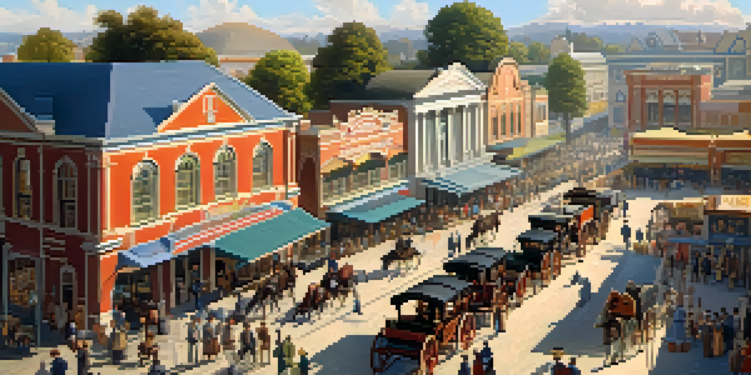 A lively historical scene of Redwood City in the 19th century with a busy railroad station, merchants, and settlers.