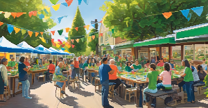 A lively community workshop in Redwood City with diverse residents participating in sustainability activities, surrounded by greenery and colorful banners.