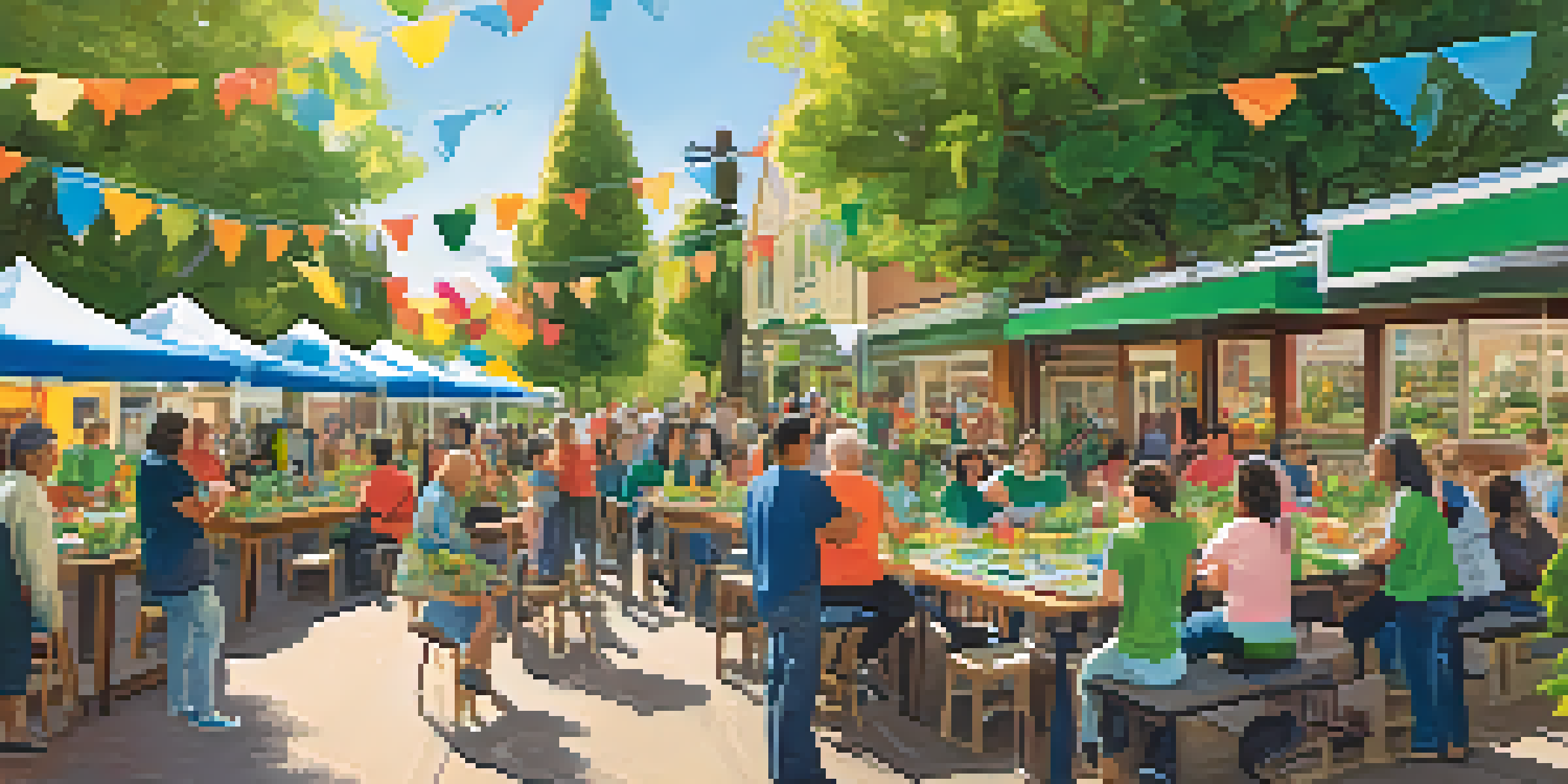 A lively community workshop in Redwood City with diverse residents participating in sustainability activities, surrounded by greenery and colorful banners.