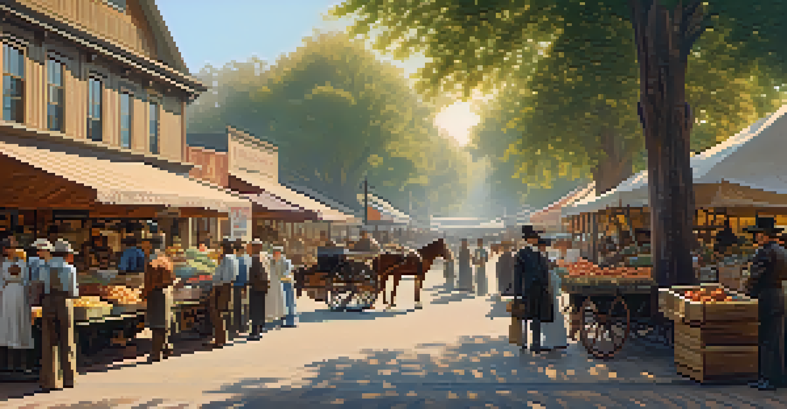 A lively marketplace in Redwood City during the late 1800s, showcasing vendors, townsfolk, and horse-drawn carriages in a vibrant setting.