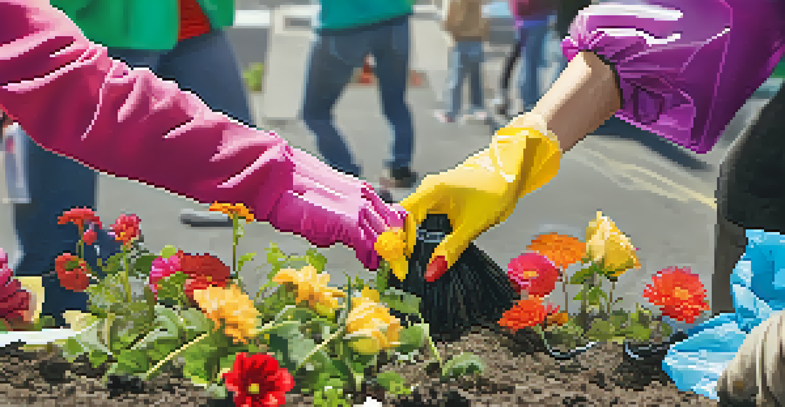 Close-up of hands participating in a community clean-up event, showing volunteers picking up litter and planting flowers.