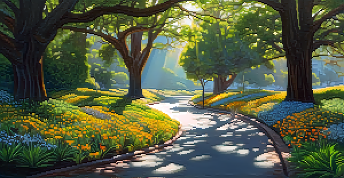 A peaceful urban forest in Redwood City with native trees and wildflowers, sunlight filtering through leaves.