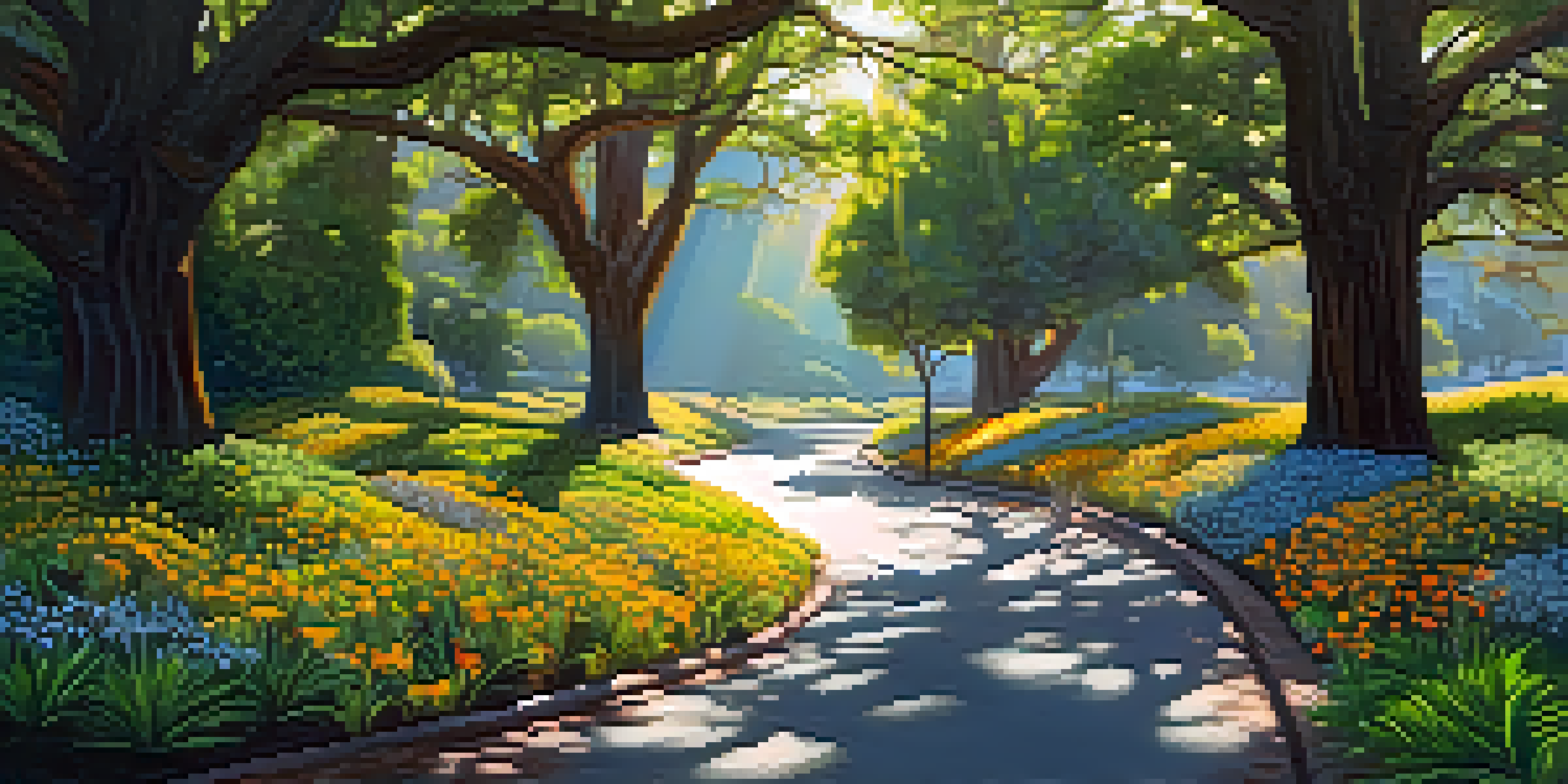 A peaceful urban forest in Redwood City with native trees and wildflowers, sunlight filtering through leaves.