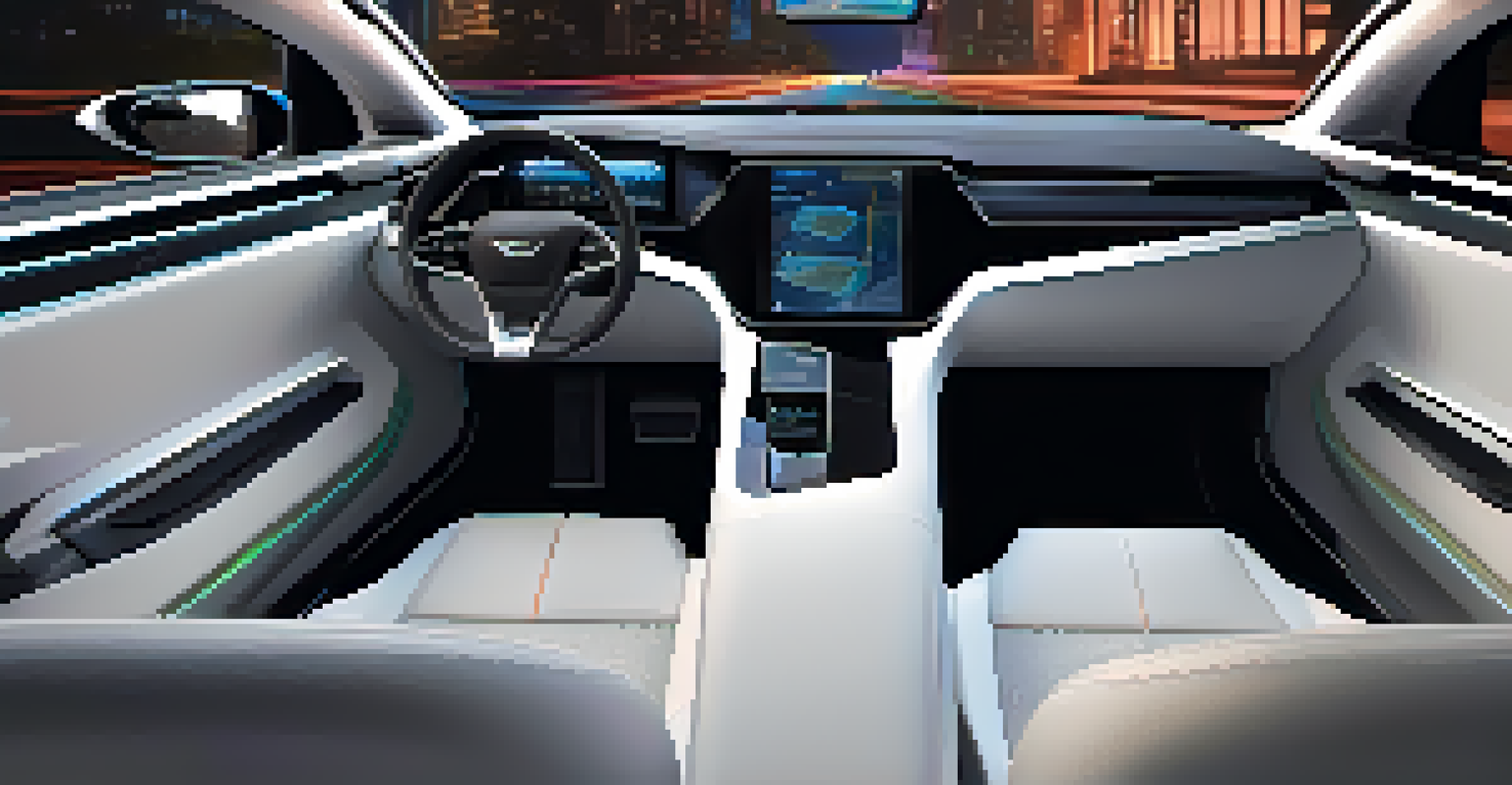 The interior of a self-driving car showing a high-tech dashboard and comfortable seats.