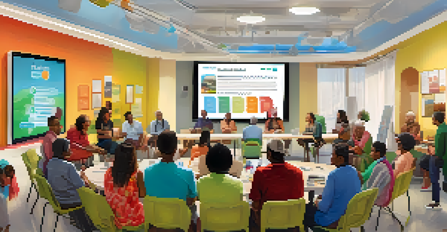 A community meeting with residents discussing local issues using tablets and smartphones, with a screen displaying a mobile app.