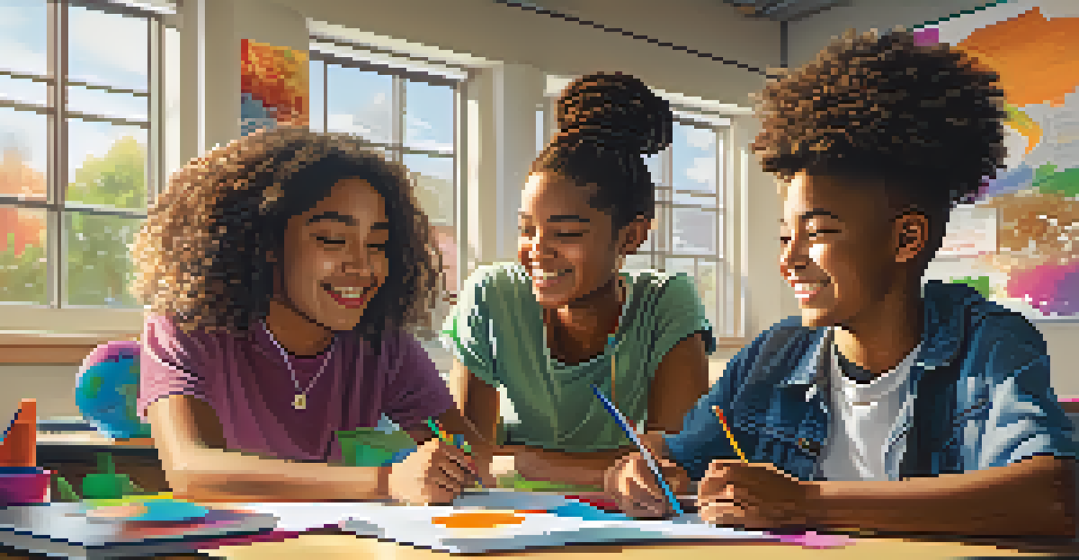 A diverse group of students working together on a project in a bright classroom filled with educational materials.