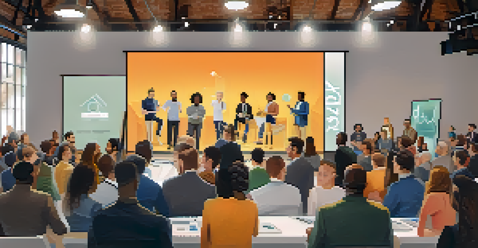 Entrepreneurs presenting their startup ideas at a pitch event, with an engaged audience and a large screen in the background.