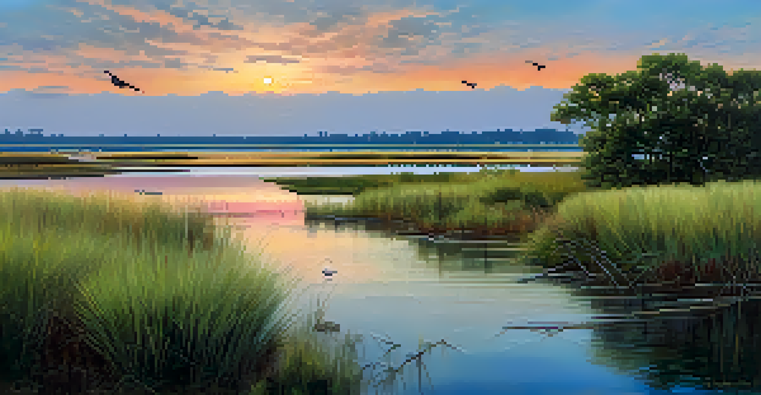 A serene view of tidal marshes at Bair Island with native plants and birds, reflecting the sunset colors.