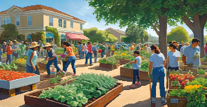 A diverse group of people engaging in a community gardening event, planting seeds and watering plants in a colorful garden under a clear blue sky.