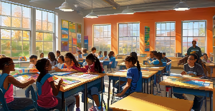 A classroom filled with diverse students collaborating on projects, with colorful educational materials and warm sunlight streaming in.