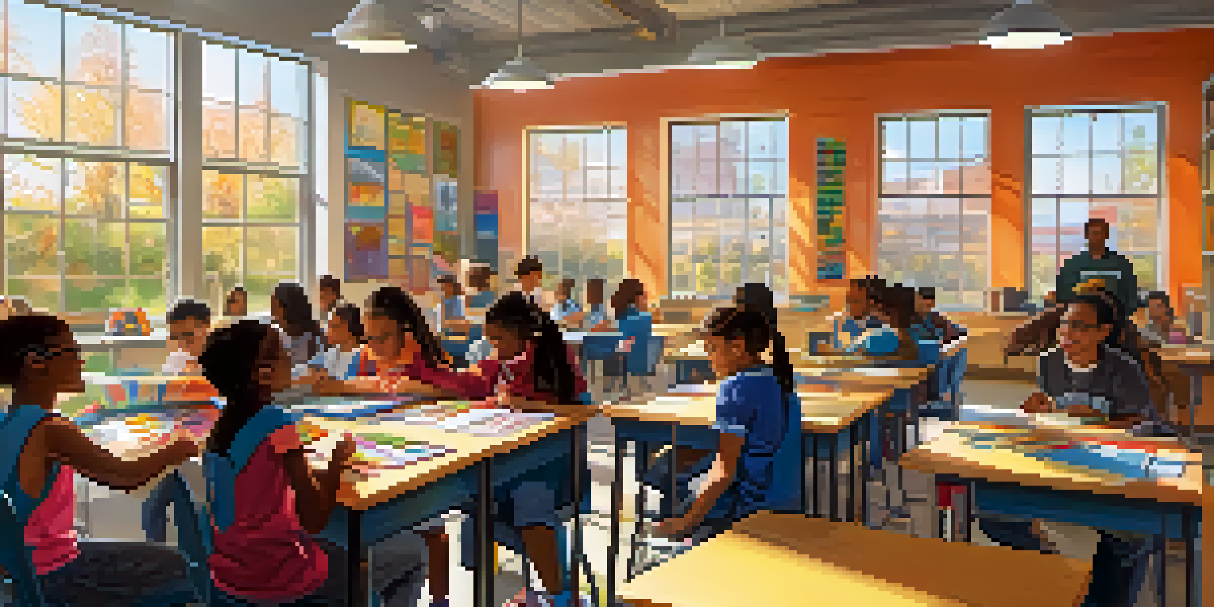 A classroom filled with diverse students collaborating on projects, with colorful educational materials and warm sunlight streaming in.