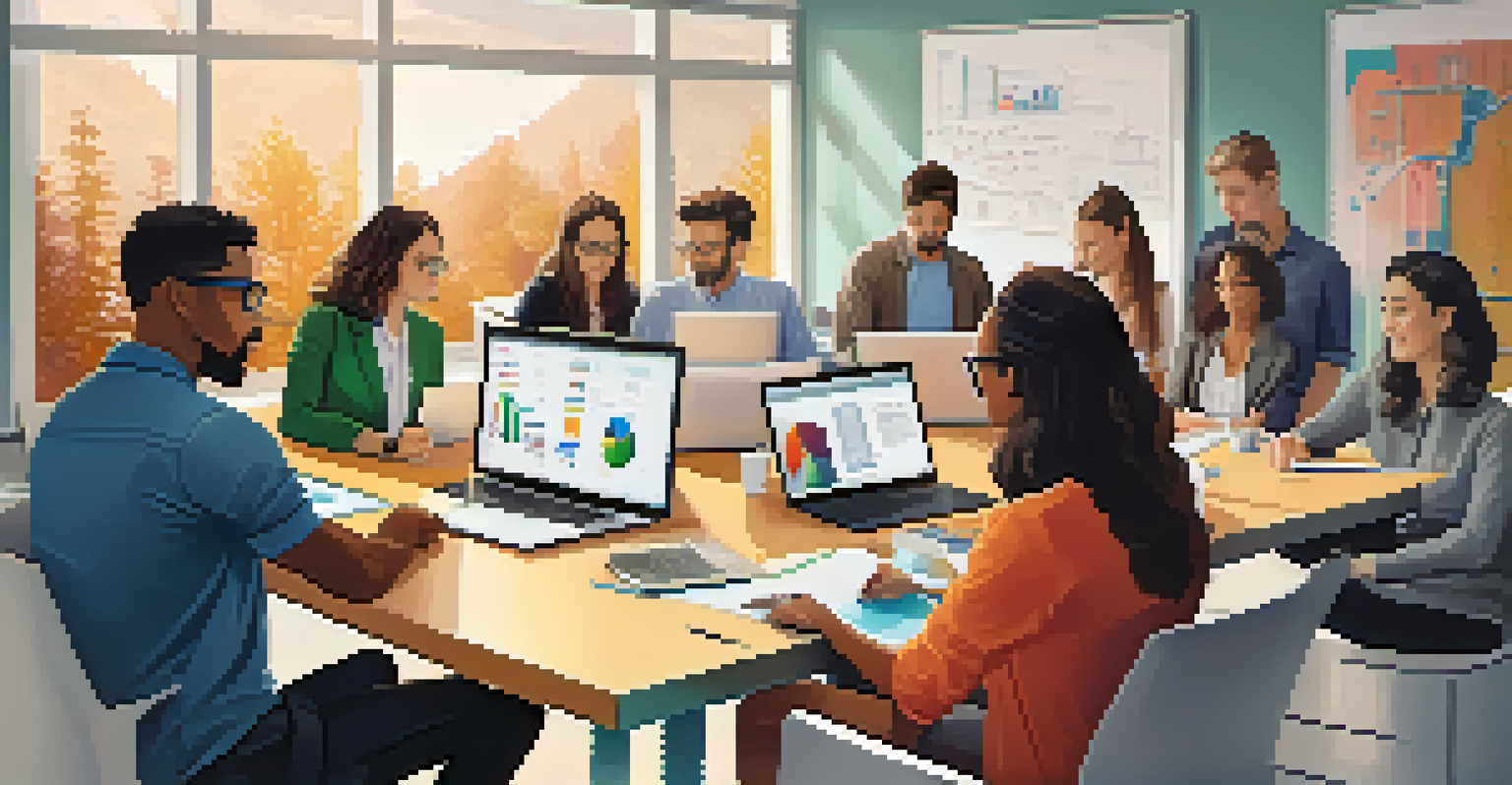 A group of young professionals collaborating around a table in a modern office, with digital devices and colorful whiteboard notes in view.