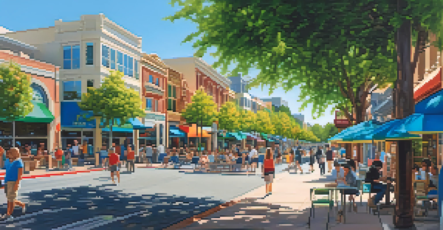 A panoramic view of Redwood City's downtown area featuring modern buildings, parks, and people enjoying outdoor activities.