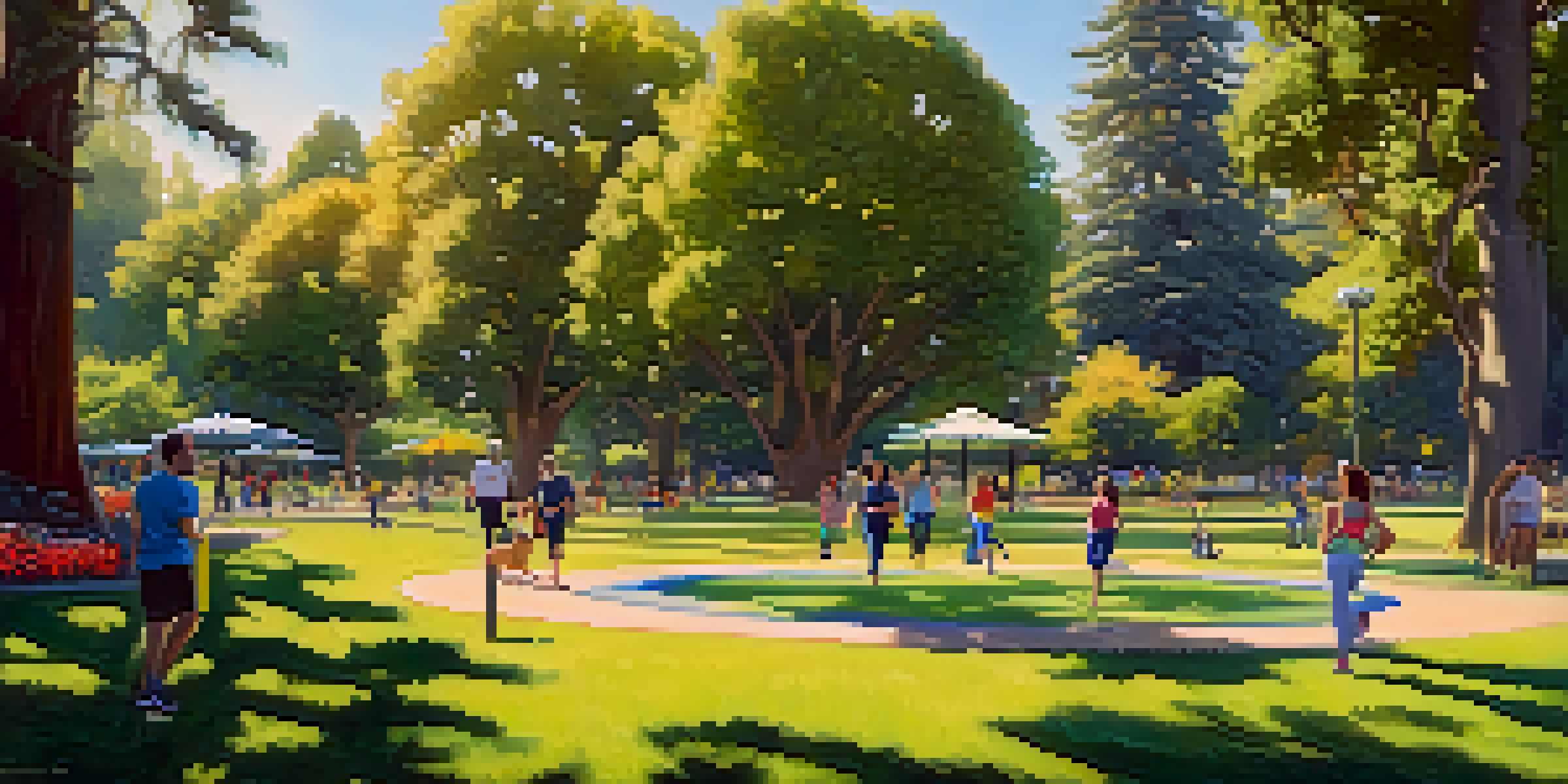 A lively urban park in Redwood City with people jogging, practicing yoga, and playing frisbee among lush greenery and colorful flowers under a bright blue sky.