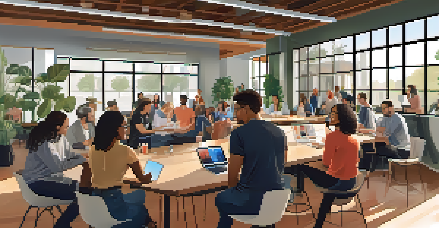 A tech meetup event in a modern coworking space, featuring diverse professionals networking and collaborating on projects.