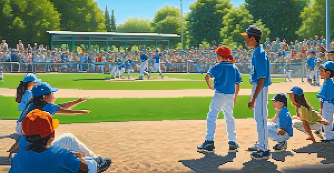 A lively youth baseball game in a park, with children playing and parents cheering, surrounded by trees and a blue sky.