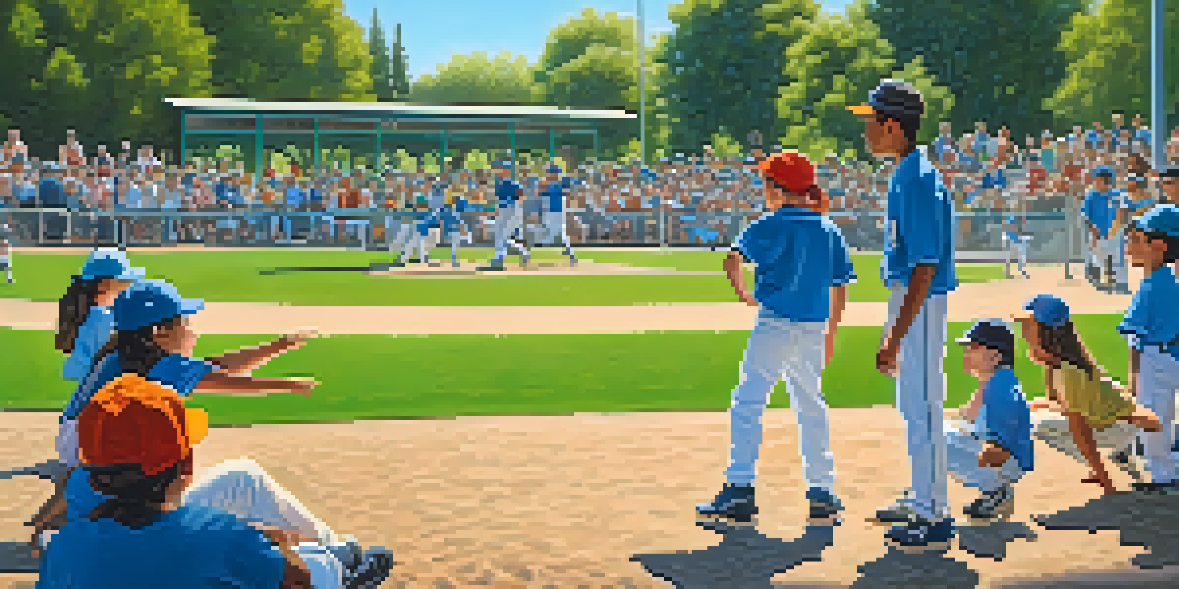 A lively youth baseball game in a park, with children playing and parents cheering, surrounded by trees and a blue sky.