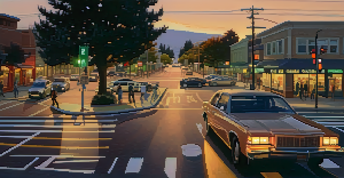 A busy intersection in Redwood City with pedestrians, cyclists, and cars. Enhanced street lighting and visible crosswalks are shown, with a sunset in the background.