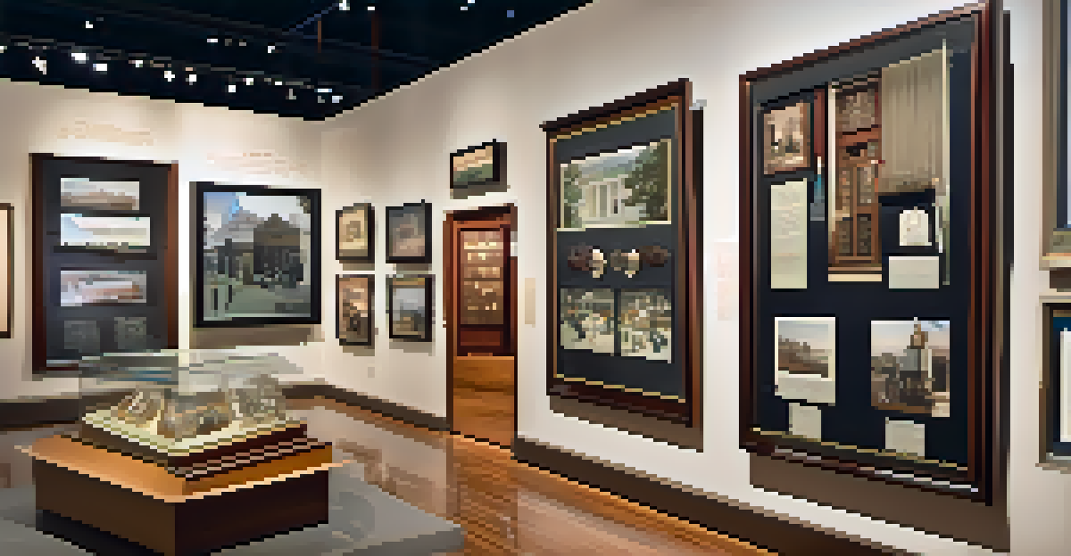 Visitors interacting with historical exhibits featuring vintage photographs and artifacts in a museum setting.