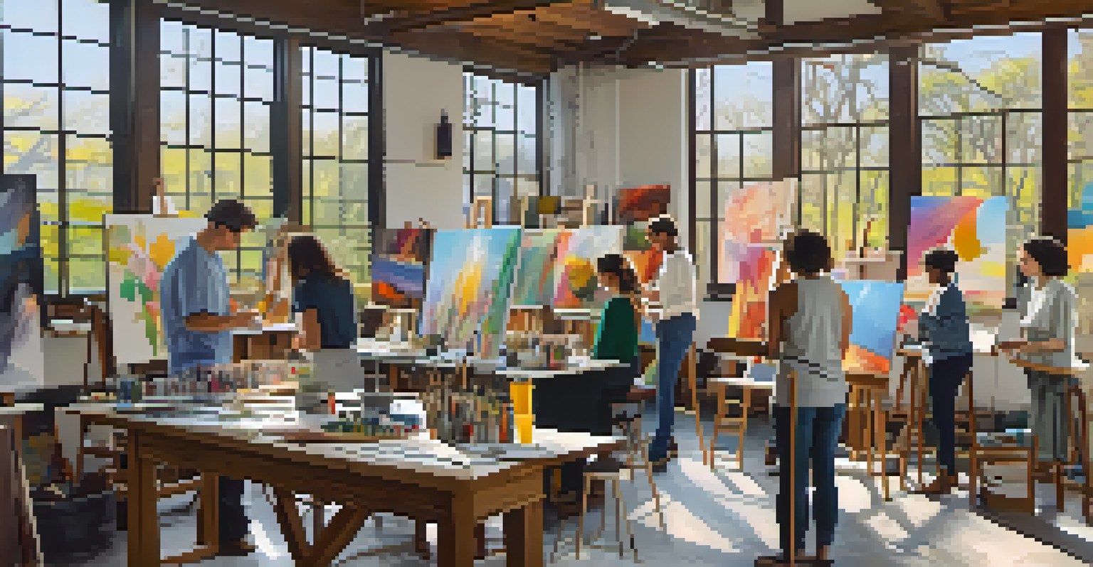 An art workshop with diverse participants creating artworks, surrounded by art supplies and bright natural light.