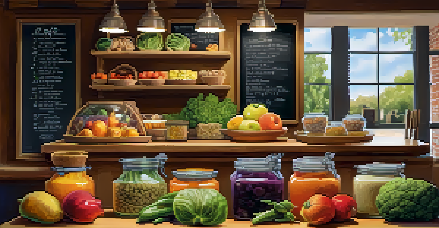 An inviting interior of an eco-friendly cafe featuring organic ingredients, jars of fruits and vegetables, and a chalkboard menu.