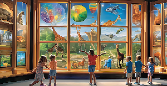 A family exploring interactive science exhibits with children engaged in hands-on activities, surrounded by colorful displays and natural light.