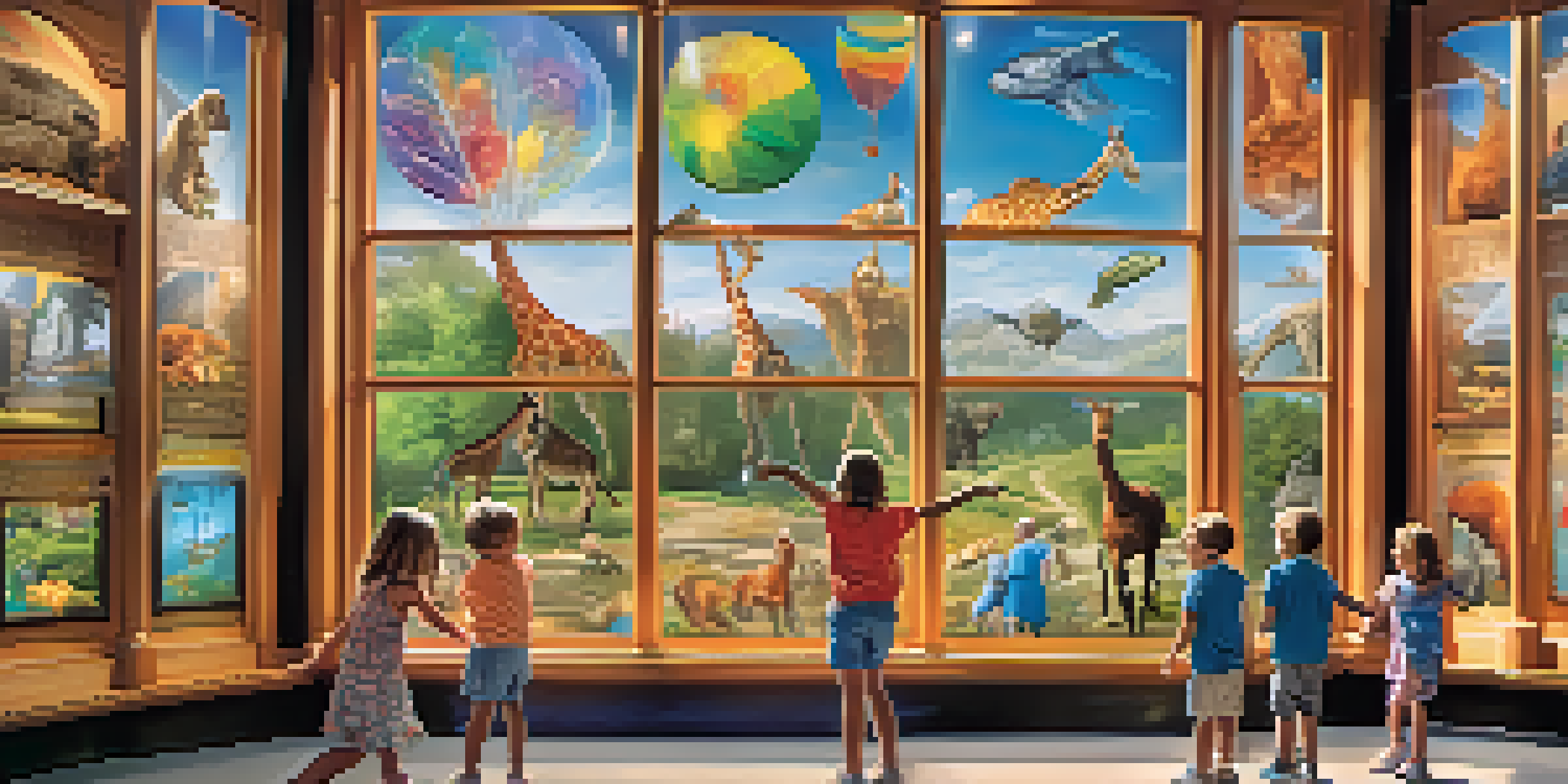 A family exploring interactive science exhibits with children engaged in hands-on activities, surrounded by colorful displays and natural light.