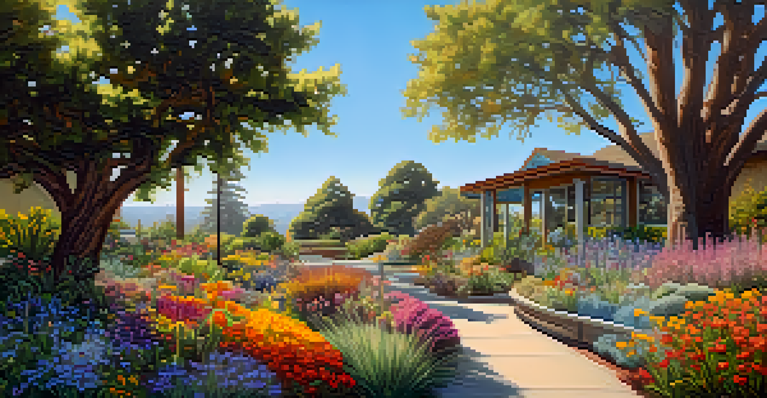 A native plant garden with colorful flowers and pollinators, surrounded by informative signs.