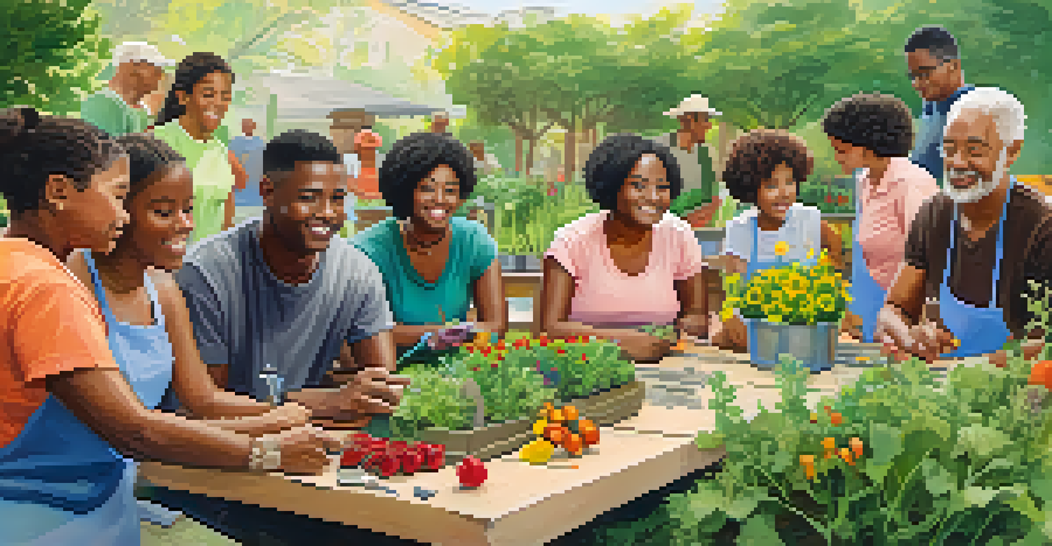 An educational gardening workshop in a lush community garden with participants learning about composting and fresh produce.