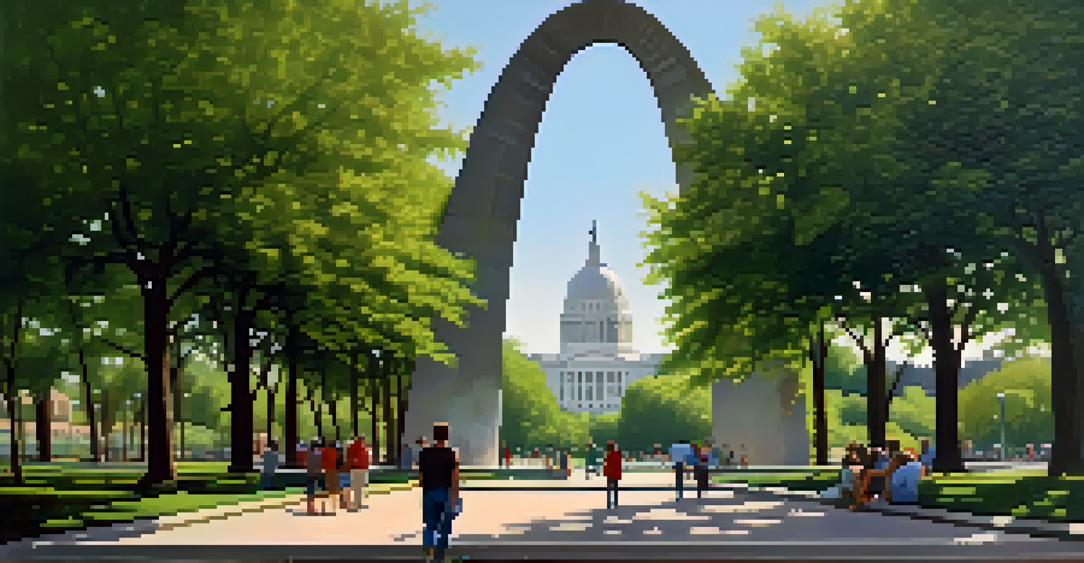 A tall sculpture named 'Gateway Arch' surrounded by greenery, with visitors exploring around it.
