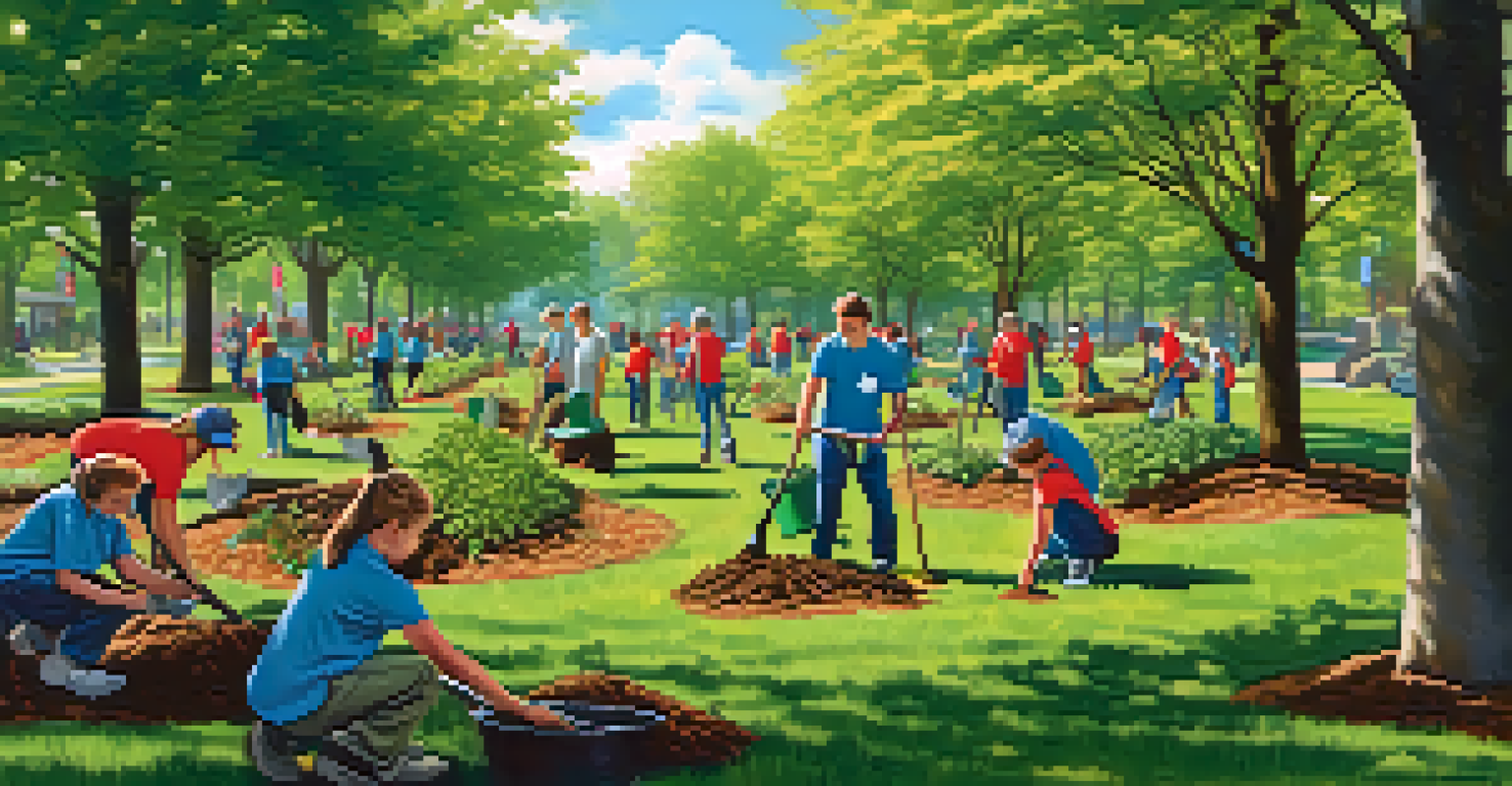 Volunteers planting trees and cleaning a park on a sunny day, working together in a vibrant green space.