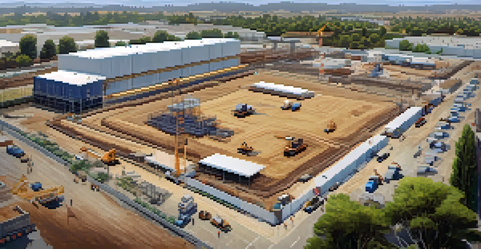 An aerial view of a construction site with drones flying above, showing workers and machinery in action.