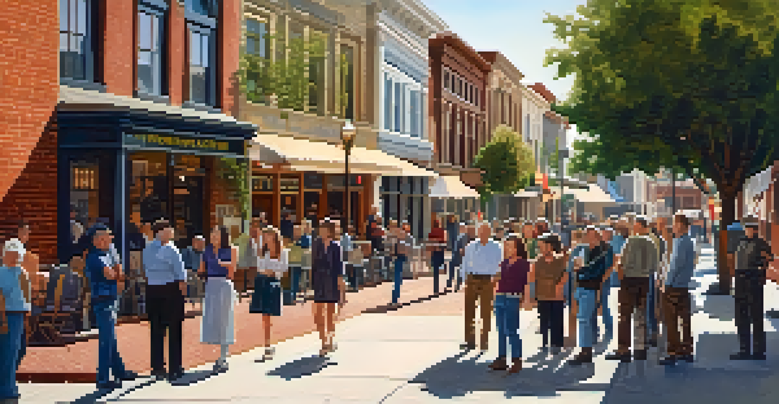 A diverse group of people on a walking tour in Redwood City's Historic District, with a guide in front of historic buildings.