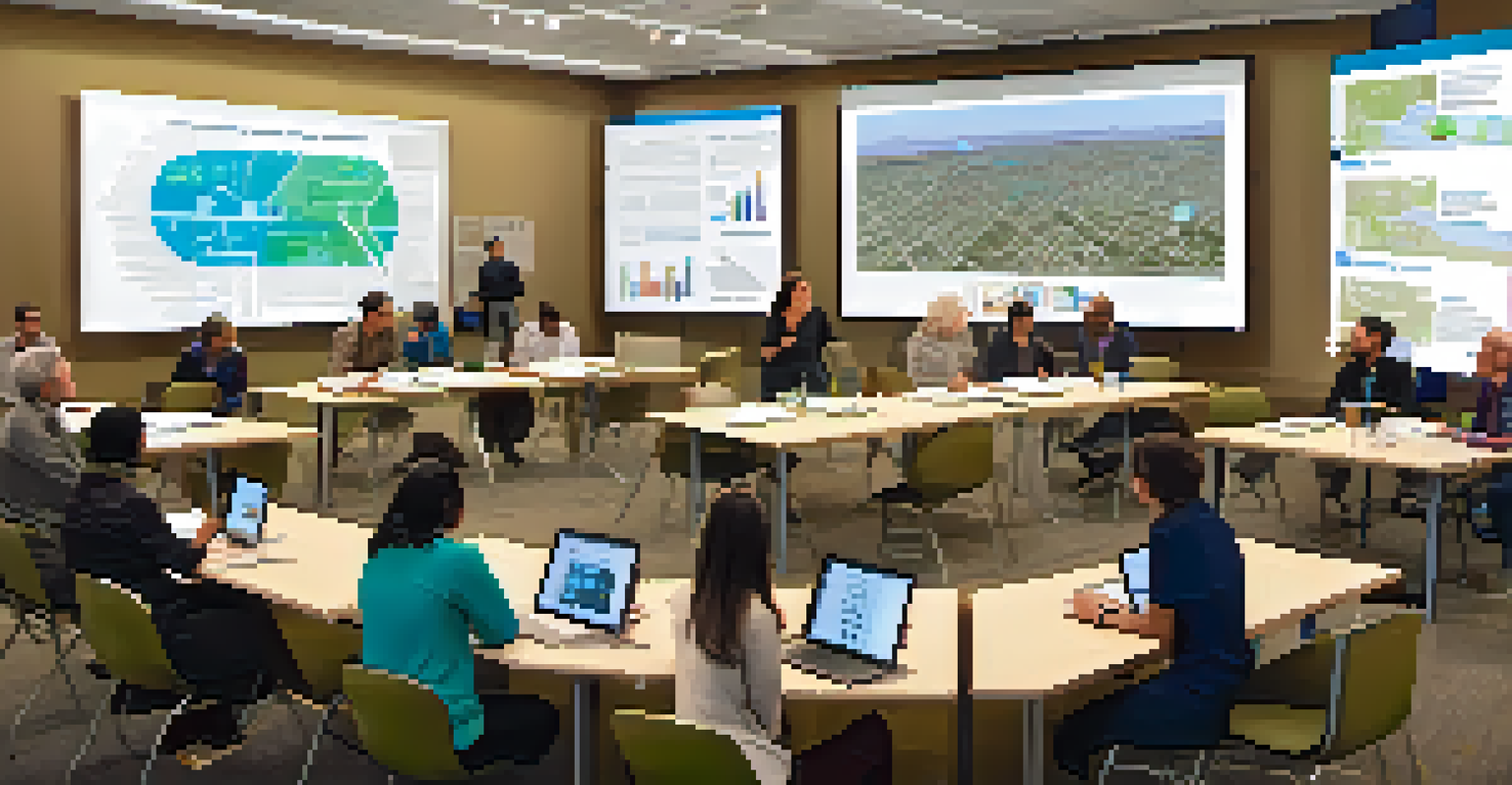 Residents participating in a community workshop discussing smart technology initiatives in Redwood City, with charts and digital displays.