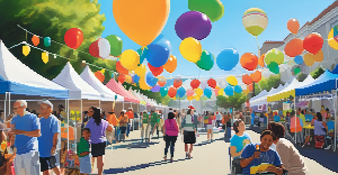 A lively community health fair in Redwood City with diverse residents participating in various health-related activities under a sunny sky.