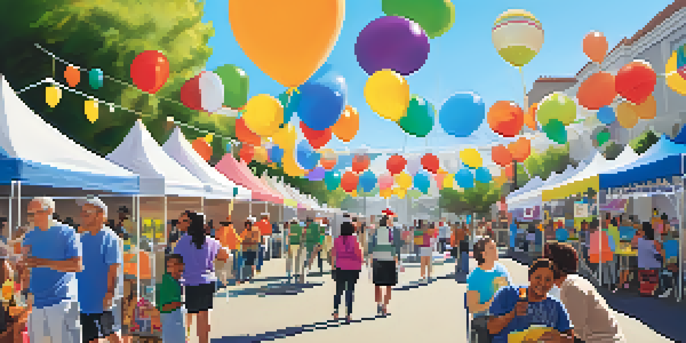 A lively community health fair in Redwood City with diverse residents participating in various health-related activities under a sunny sky.