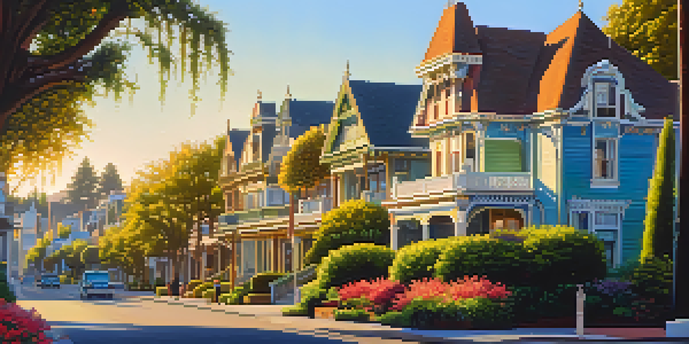 A street view of Victorian homes in Redwood City's Historic District, featuring vibrant colors and intricate details under warm sunlight.
