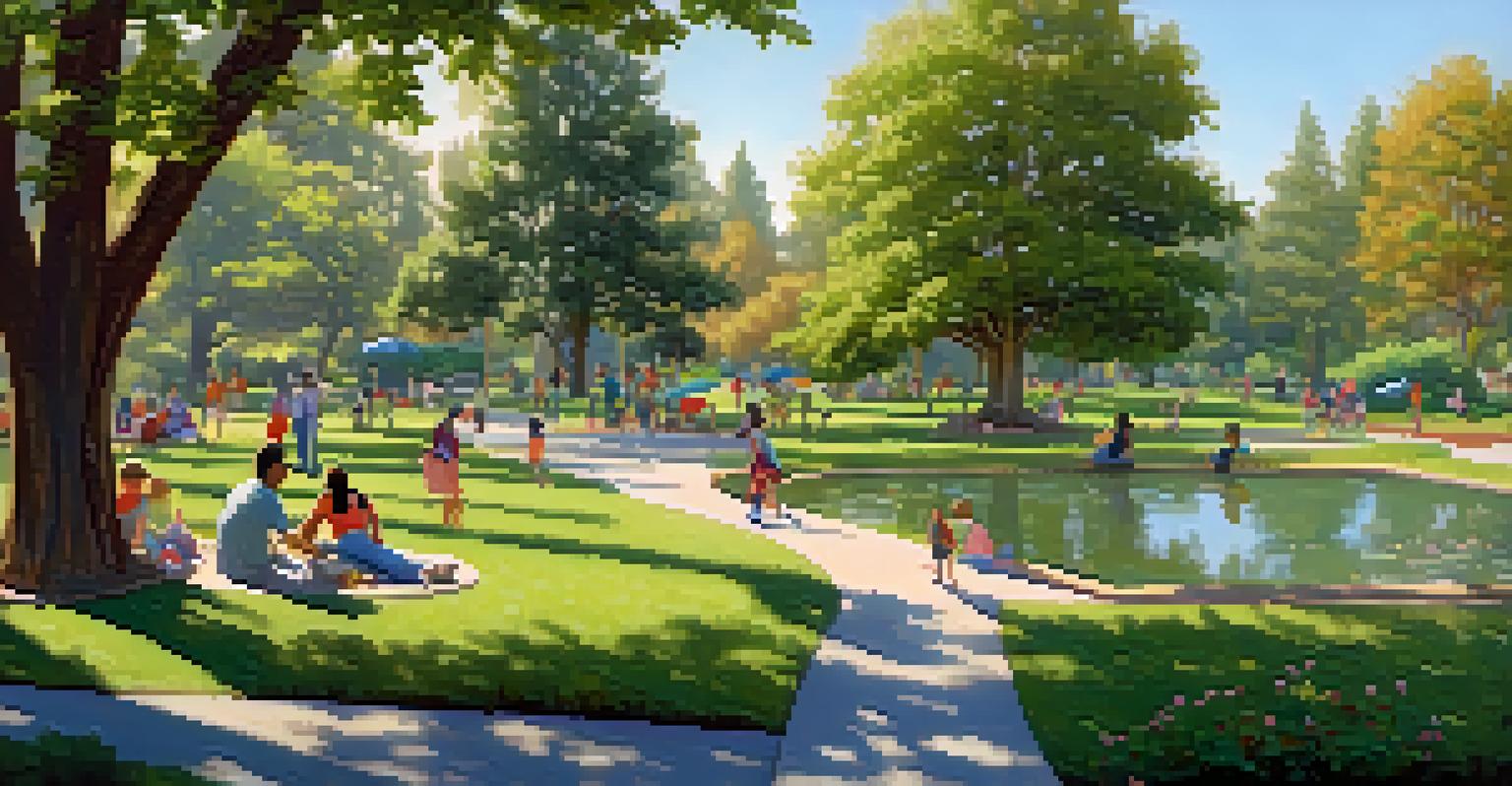A tranquil park in Redwood City with families picnicking, joggers, and children playing among lush greenery and a pond.