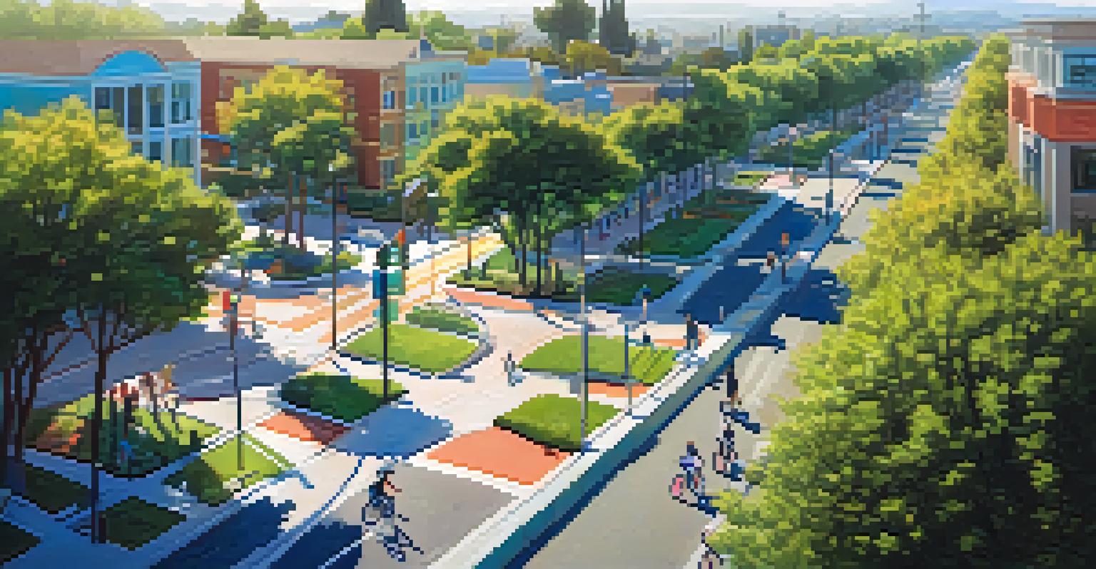 An aerial view of Redwood City with cyclists on bike paths and pedestrian-friendly streets, surrounded by trees and vibrant public art.