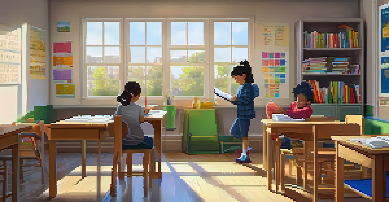 A tutor assisting a child with math homework in a bright and inviting classroom filled with educational materials.